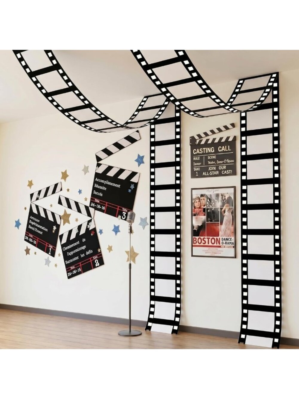 2 Pcs Filmstrip Tape Banners - Movie Night Party Decor, Black & White Backdrop